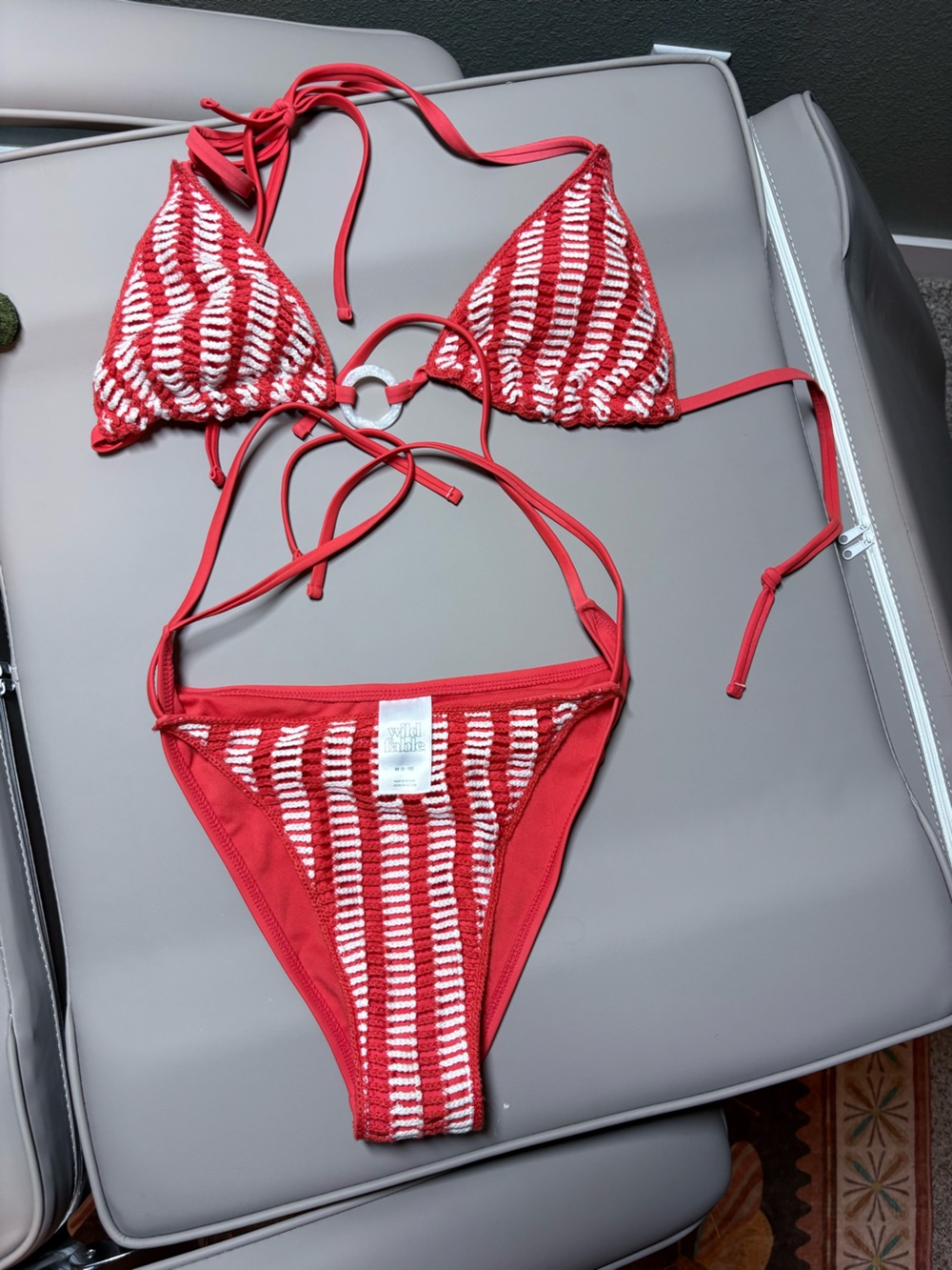 Red Striped Crochet Triangle Bikini Set - Women Swim